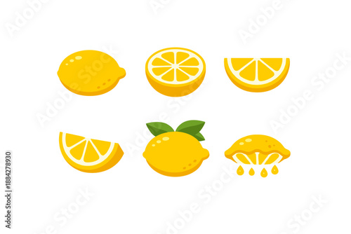 Collection of stylized yellow lemons and lemon slices in various forms