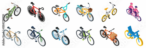 Isometric Bicycle Icons Set: Diverse Collection of Cycling Transport and Sport Vehicles including E-Bikes, Tandems, Cargo, and Mountain Bikes.