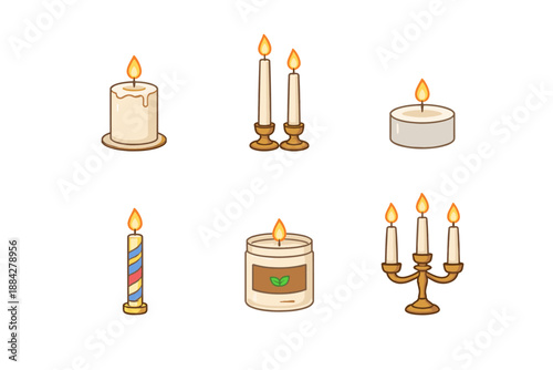 Collection of six different types of burning candles in cartoon style