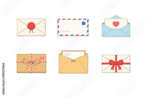 Collection of various envelopes and mail items with different designs and decorations