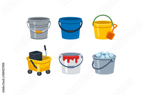 Collection of diverse buckets including cleaning, beach, and ice buckets