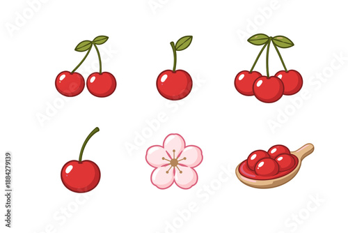 Collection of cute cartoon cherries and a cherry blossom flower