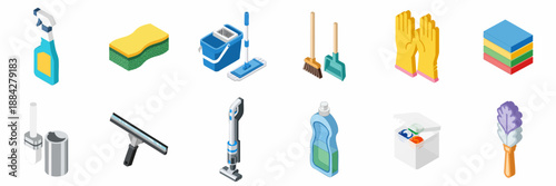 Isometric Set of Cleaning Supplies and Tools: Featuring Detergents, Vacuum Cleaner, Mop, Sponge, Gloves, and Duster for Household Chores.