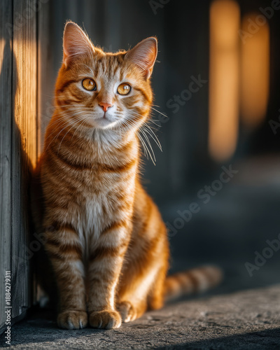 Wallpaper Mural Alert calm cat sitting in slim morning sunlight stripe indoors, calming minimal scene Torontodigital.ca