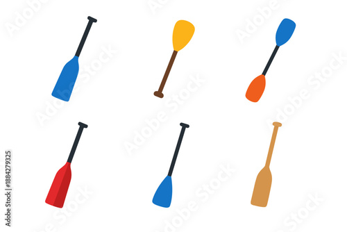 Collection of colorful paddles for water sports and boating activities