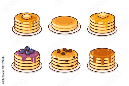 Collection of six delicious cartoon pancakes with various toppings and syrups