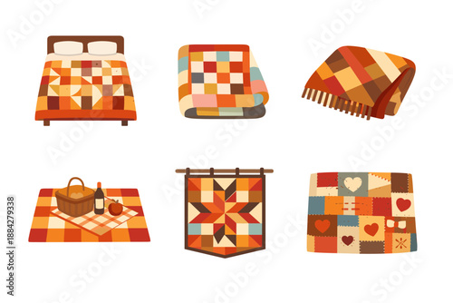 Cozy patchwork textiles including quilts, blankets, and wall hangings in warm colors
