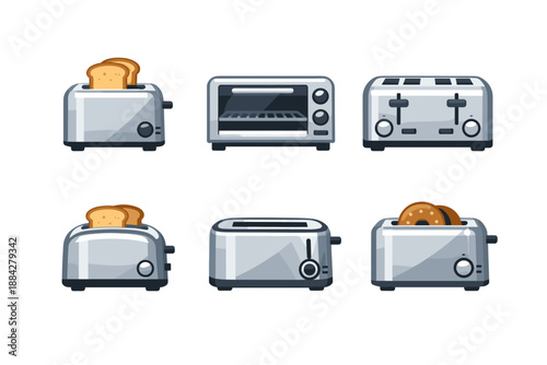 Collection of modern kitchen appliances including toasters and a toaster oven