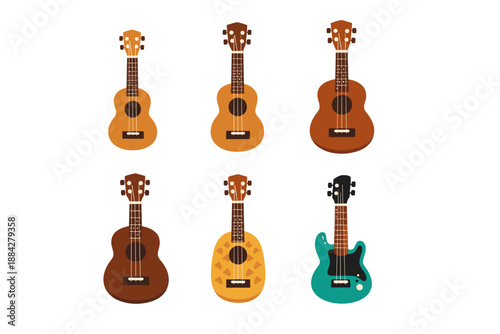 Collection of six different ukuleles and a guitar in a flat design style