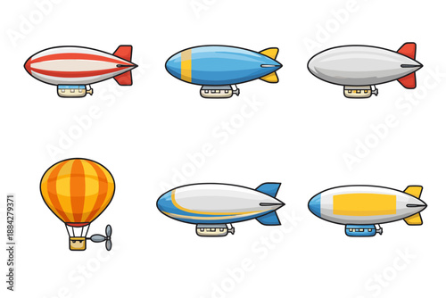 Collection of colorful cartoon blimps and a hot air balloon with propeller