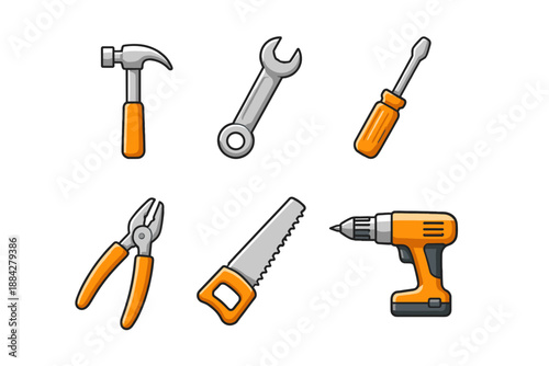 Collection of cartoon-style hand tools including a hammer, wrench, screwdriver, pliers, saw, and drill