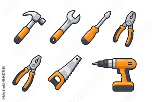 Collection of cartoon-style hand tools including a hammer, wrench, screwdriver, pliers, and saw