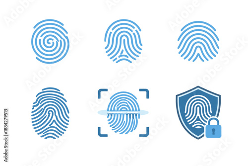 Collection of blue fingerprint icons representing security and identification concepts
