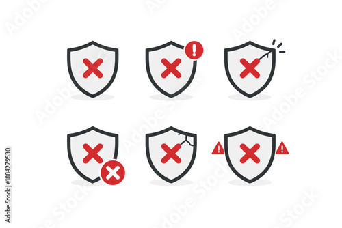 Collection of shield icons with red cross marks indicating security failure or warning