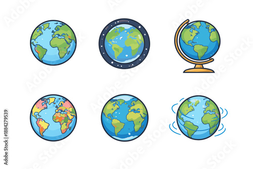 Collection of diverse cartoon Earth globes with different styles and representations