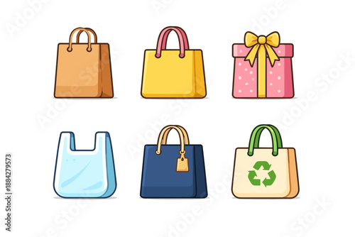 Collection of diverse shopping bags and gift packaging icons on a white background