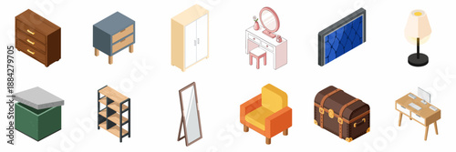 Isometric Furniture and Interior Objects Icon Set: Wardrobes, Drawers, Dressing Table, Armchair, Mirror, Desk, and Trunk.