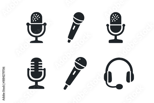Collection of microphone and headset icons for audio recording and communication