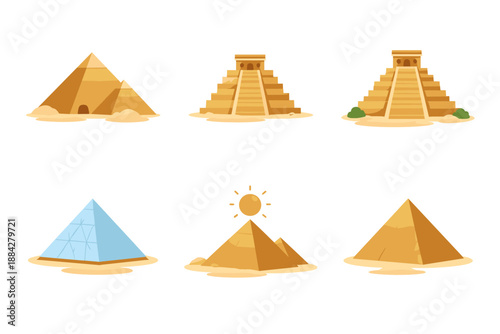 Collection of diverse pyramid illustrations from different ancient civilizations and styles