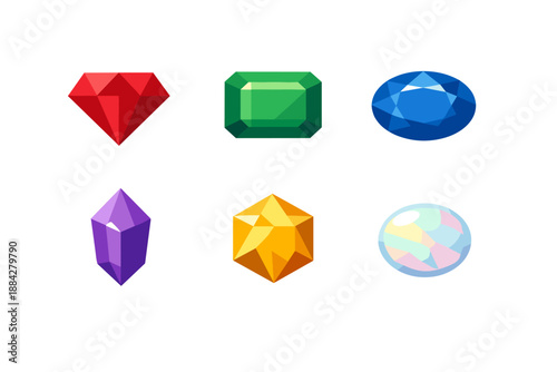 Collection of six colorful faceted gemstones and crystals on a white background