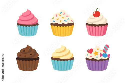 Collection of six colorful and decorative cupcakes with various frosting and toppings