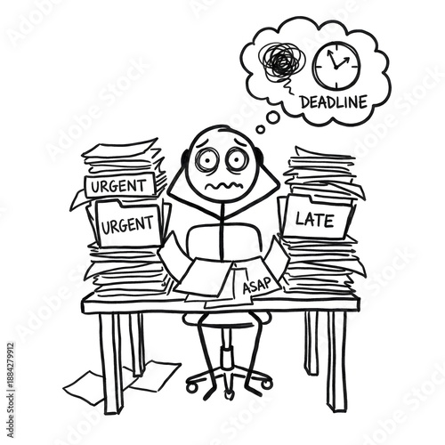 Stick figure illustration of a stressed office worker panicking over a deadline amidst stacks of paper.
