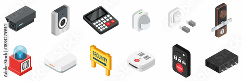 Isometric Smart Home Security System Icons Set. Collection of surveillance cameras, alarm devices, sensors, keypads, and digital locks for protection and safety.