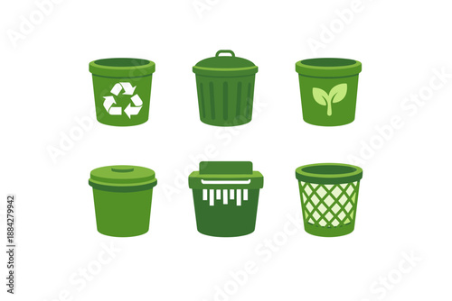 Collection of green recycling and trash bins with different designs and symbols