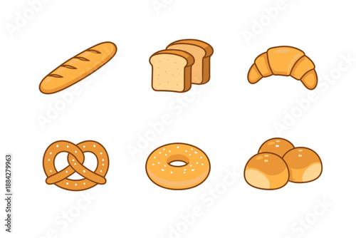 Collection of cartoon-style baked goods including bread, croissant, pretzel, bagel, and buns