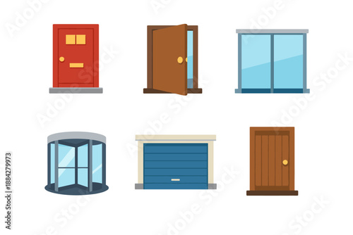 Collection of various doors and entrances including revolving, garage, and standard doors