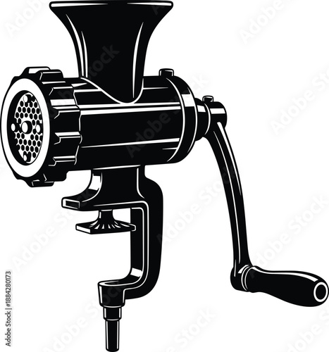 Vintage hand crank meat grinder vector illustration, old fashioned kitchen tool for mincing food, manual cast iron meat mincer isolated on white background