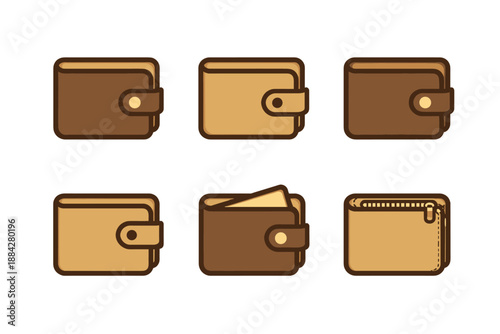 Collection of six flat design wallet icons in brown and tan colors