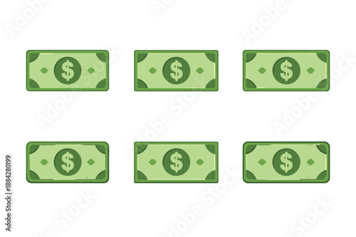 Six identical green dollar bills with a dollar sign in the center, arranged in two rows