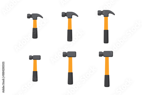 Collection of six different claw hammers with orange handles and black grips
