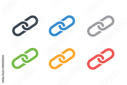Collection of six different colored chain link icons on a white background