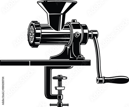 Vintage manual meat grinder illustration clamped to table, classic kitchen tool for food preparation, retro household appliance design isolated on white background