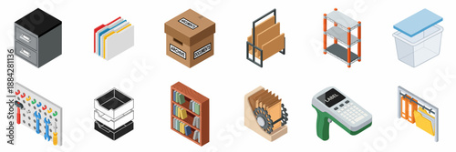 Storage and Organization Isometric Icons Set: Document Management, Archiving Systems, Filing Cabinets, Shelves, and Office Equipment Collection.