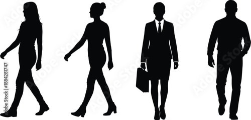 Walking people silhouettes including men and women in casual and business outfits, modern urban lifestyle and professional movement concept illustration isolated on white background