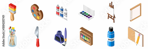 Isometric Art Supplies Icons Set: Collection of Painting, Drawing, and Craft Tools including Brushes, Palette, Paints, Easel, Ink, Spray Can, and Sketchbook.