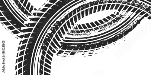 Tire track. Car, bike, motorcycle tyre mark with grunge effect isolated on white background. Wheel footprint on the road. Top view of rubber protector mark