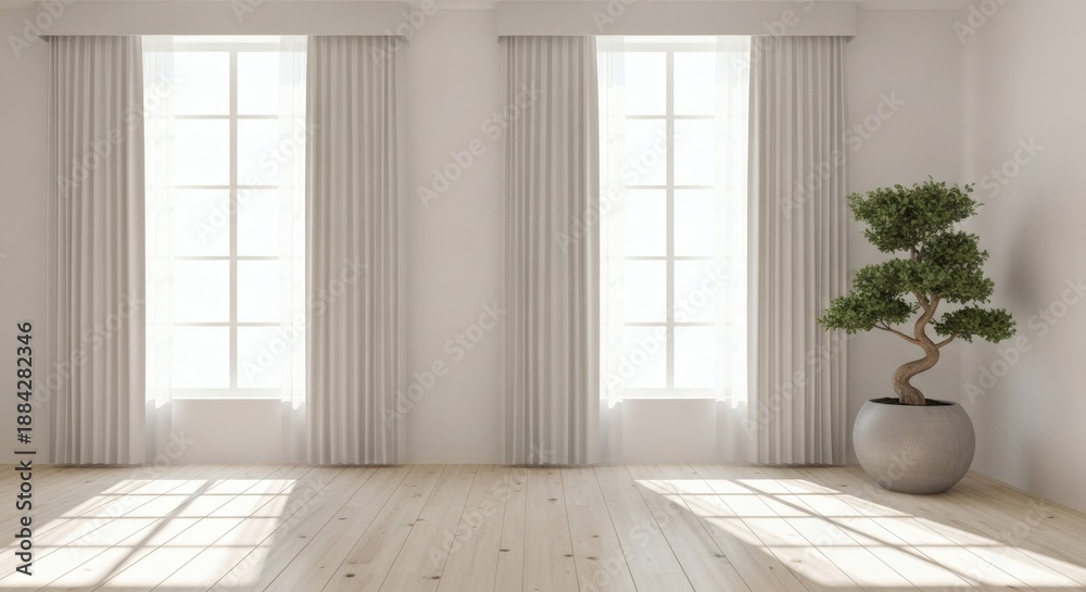 Fototapeta premium Minimalist Interior Bright Room with Bonsai LightFilled Windows.