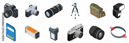 Professional Photography Equipment Isometric Icons Set: Cameras, Lenses, Tripods, Flash, Battery, Bag, and SD Card Accessories on White Background.