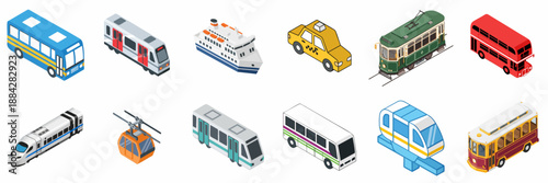 Isometric Public Transportation Icon Set: Featuring Buses, Trains, Trams, Taxi, Ferry, Monorail, and Cable Car Icons on a White Background.