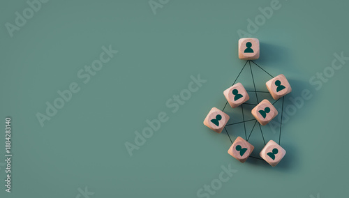 Organizational network structure with connected people icons on wooden blocks, showing team collaboration, stakeholder mapping, social graph, and business communication on dark green background