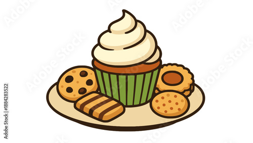 A colorful illustration of a cupcake and assorted cookies on a plate