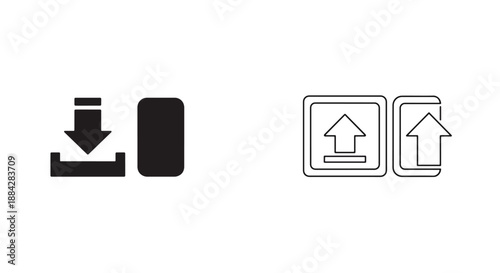 Black and white vector icons illustrating data download to a mobile phone and data upload processes.