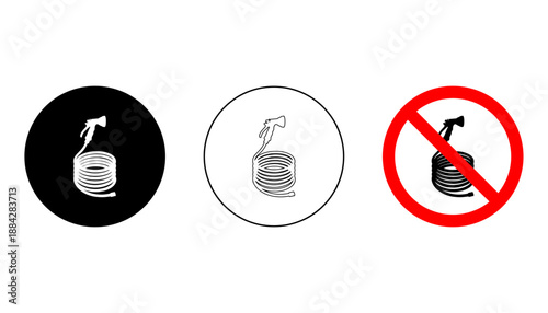 Garden Hose Icon Set – Solid, Outline and Prohibited Water Use Symbol