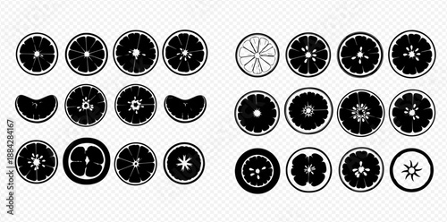 Set of citrus fruit slices and segments in black and white silhouette icons, depicting various types like orange, lemon, lime, and grapefruit.
