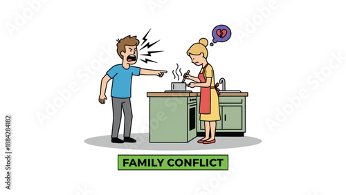 A cartoon illustration of a couple experiencing family conflict in the kitchen