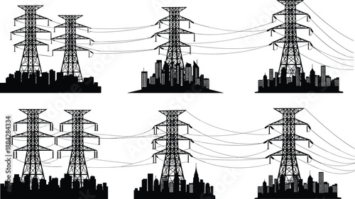 High voltage transmission tower illustration set with city skyline silhouettes, electric power lines, urban energy infrastructure, electricity distribution pylons and industrial grid network designs